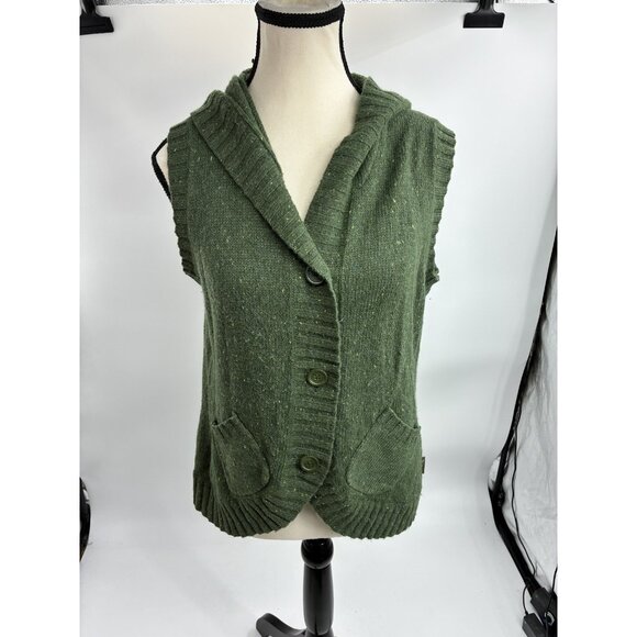 Woolrich Green Knit Sweater Vest Womens Size L Hooded Button Front Pockets - Picture 1 of 7